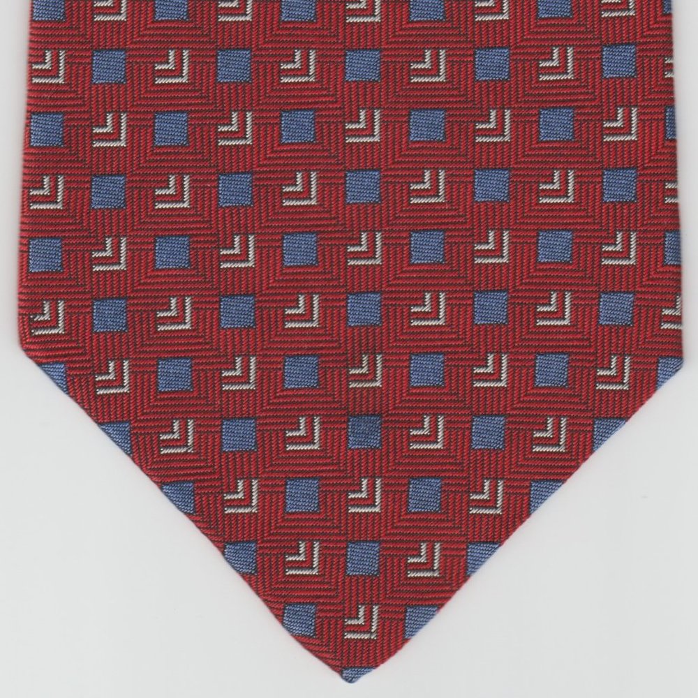 LAUREN RALPH LAUREN - 100% SILK NECKTIE - RED WITH BLUE & SILVER ACCENTS